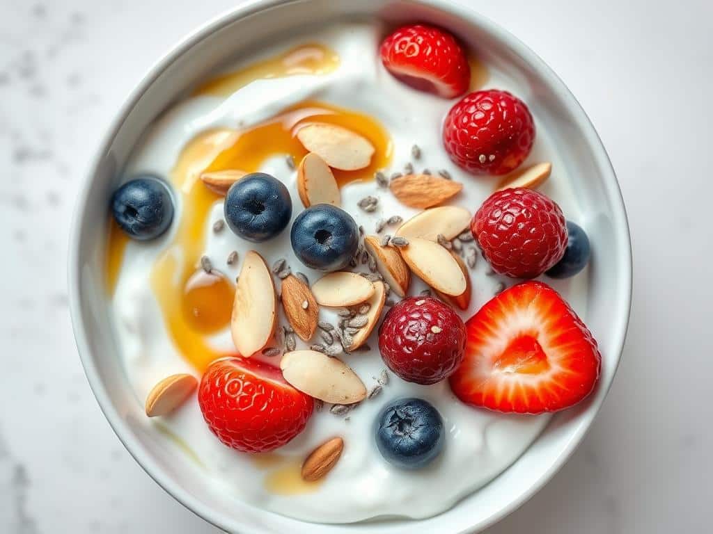 Greek yogurt protein bowl with berries, nuts and seeds