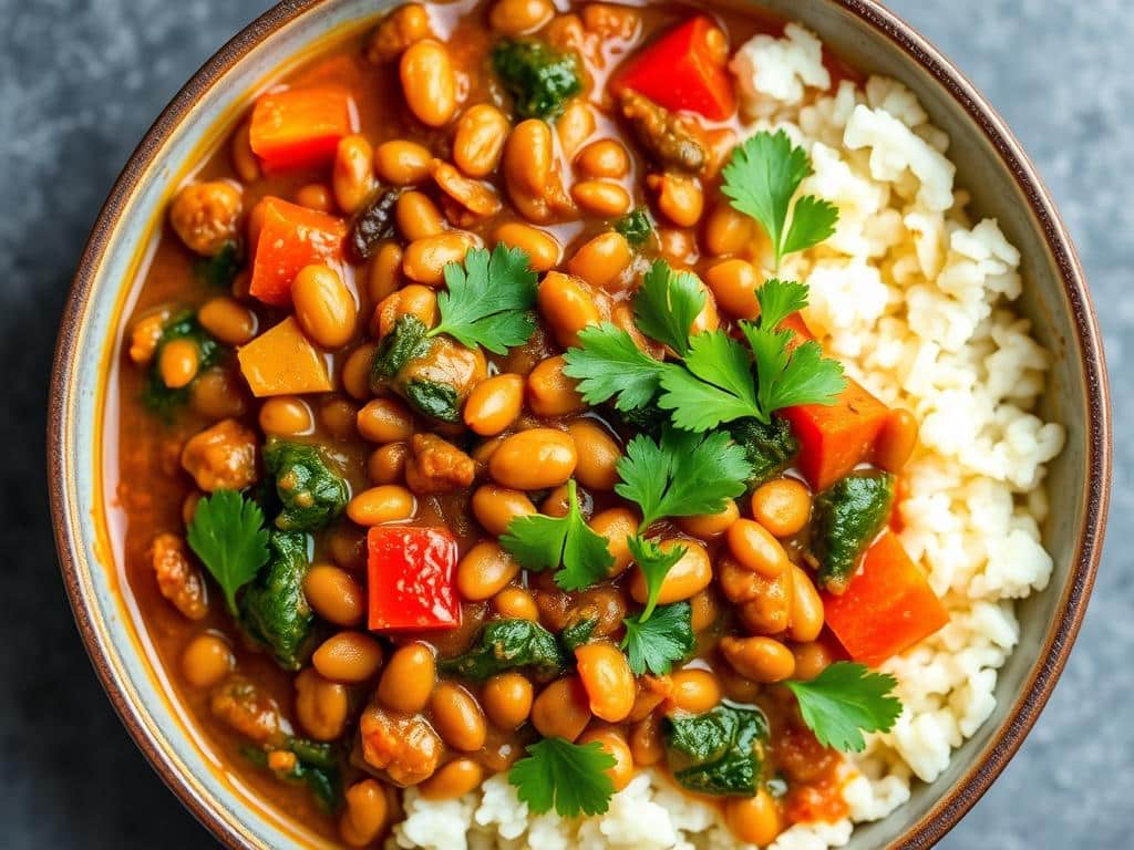 Lentil and vegetable curry in a bowl with cauliflower rice