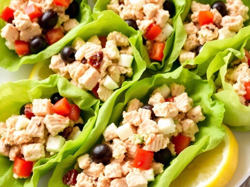 Mediterranean tuna salad lettuce wraps with olives, tomatoes and feta