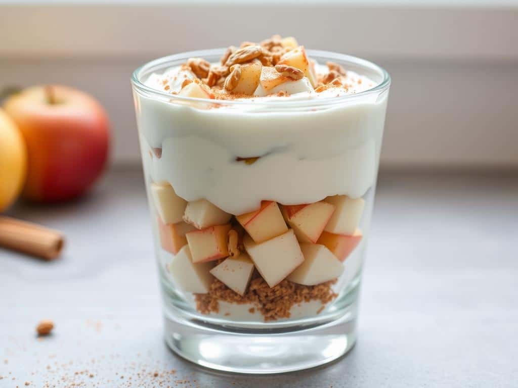Protein-packed apple cinnamon yogurt parfait in a glass