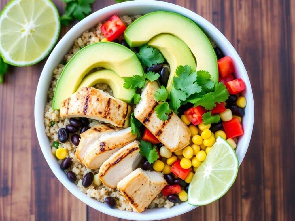Quinoa and black bean power bowl with grilled chicken, avocado, and vegetables