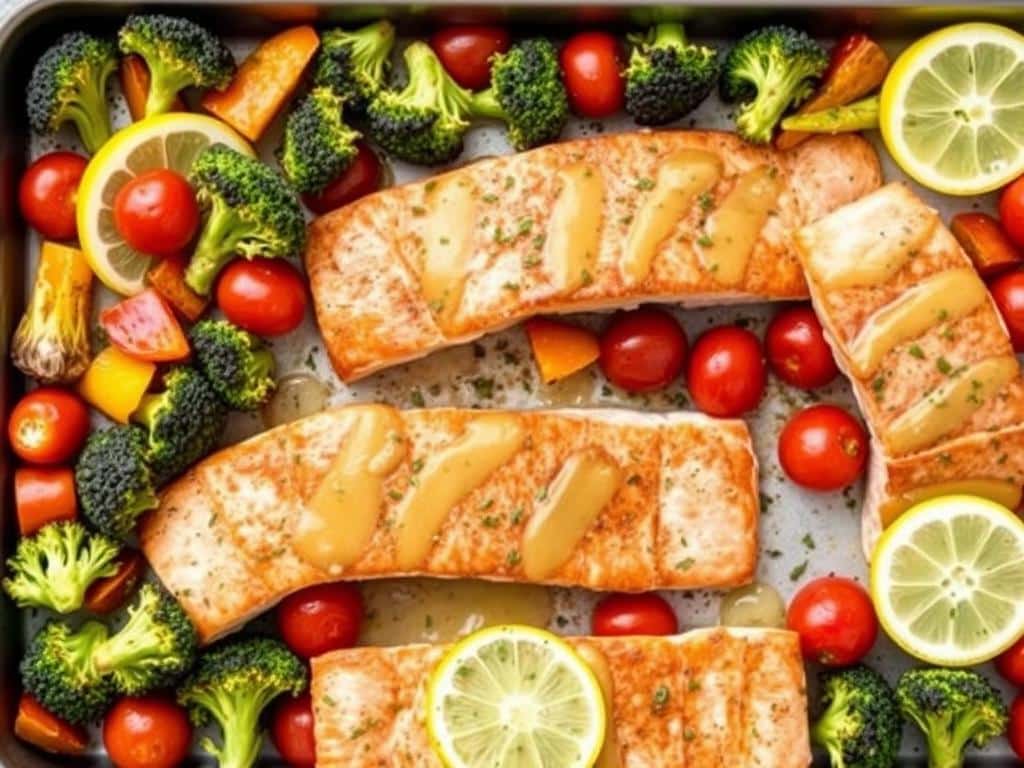 Sheet pan salmon with roasted vegetables and lemon herb sauce