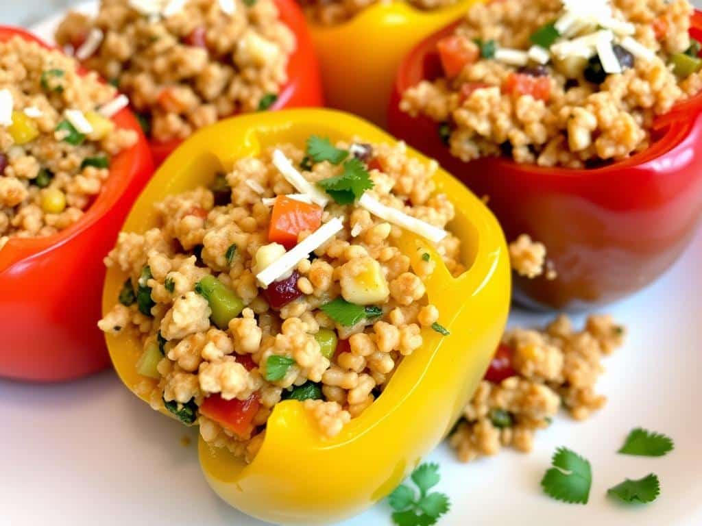 Turkey and vegetable stuffed bell peppers on a plate