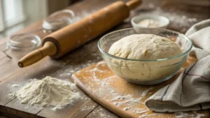 Hands kneading soft, elastic dough on a floured surface