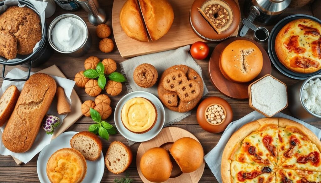 A beautiful spread of various gluten free baked goods including bread, cookies, cake, and pizza