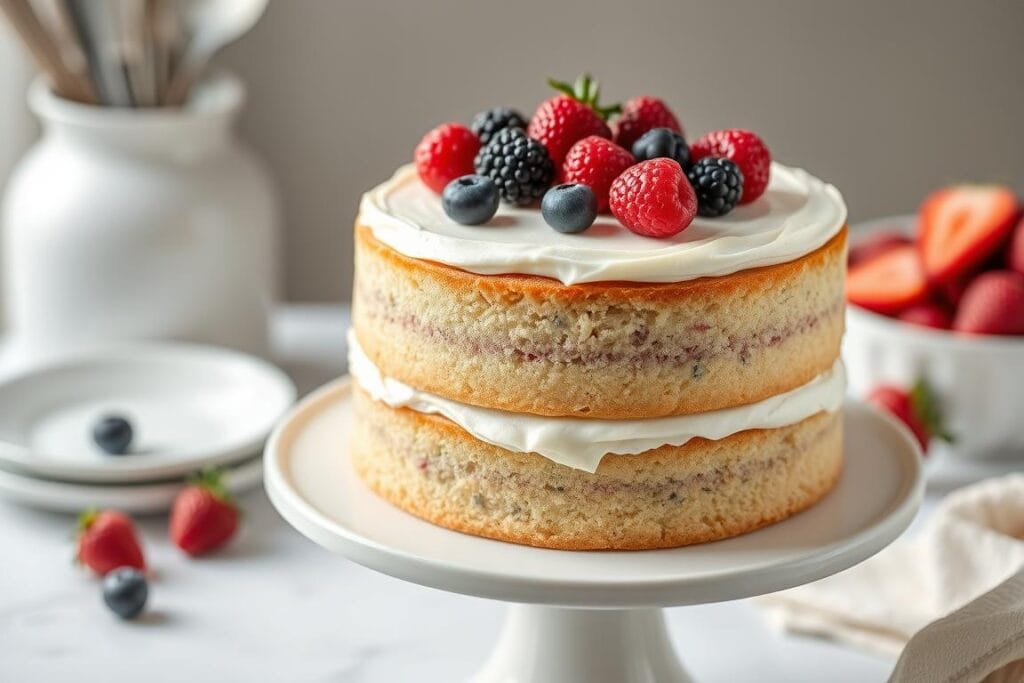 A beautifully decorated two-layer gluten free vanilla cake with vanilla buttercream frosting