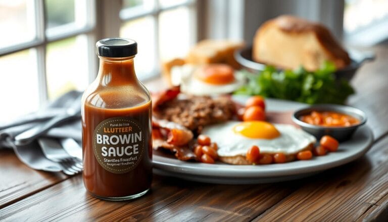 A bottle of gluten-free brown sauce next to traditional British breakfast with eggs, bacon, and beans