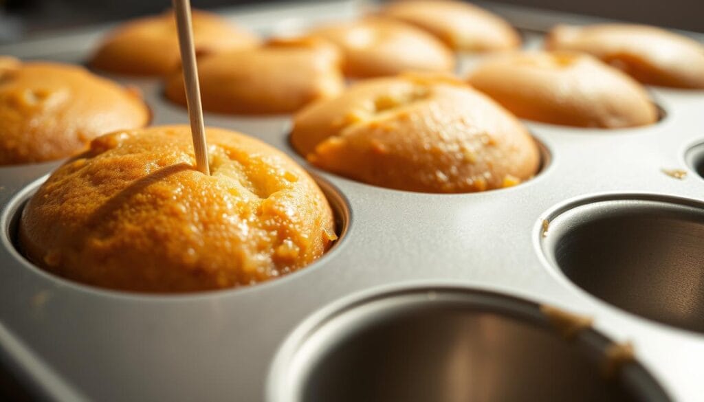 A moist gluten free cake being tested with a toothpick coming out clean