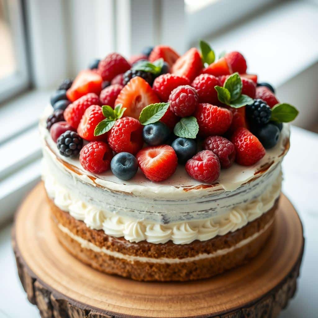A rustic-style gluten free cake with minimal frosting and fresh berries