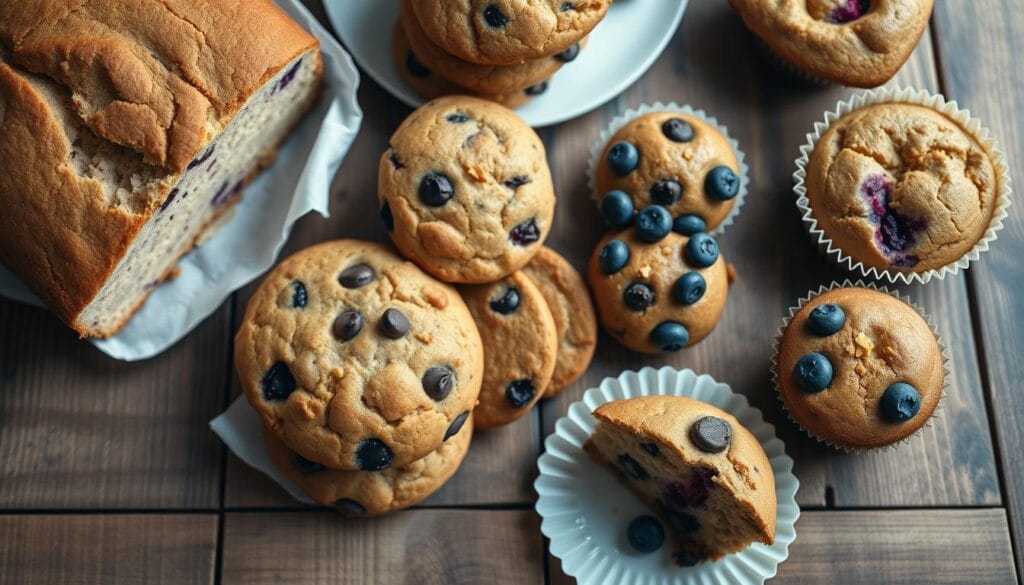 A selection of gluten free baked goods made with different types of gluten free flour including bread, cookies, and muffins