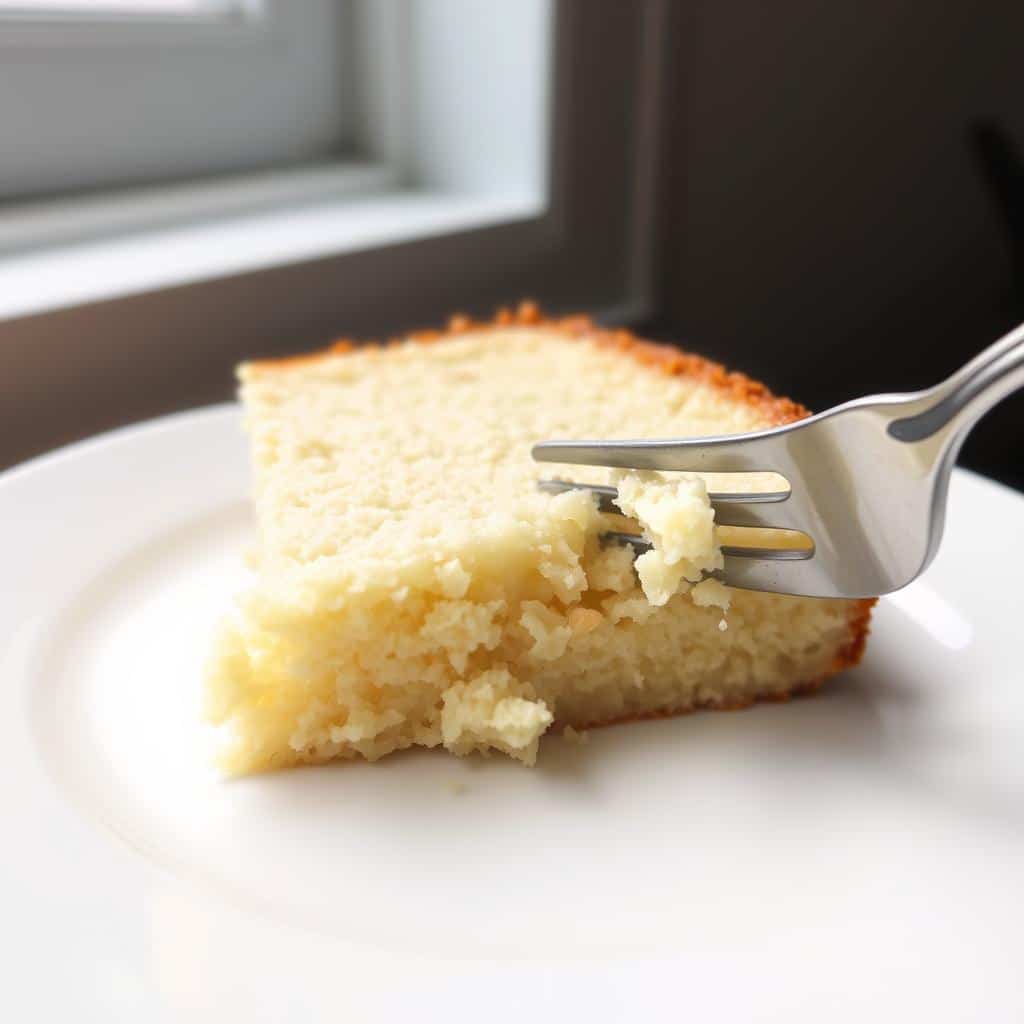 A slice of moist gluten free vanilla cake on a plate showing its fluffy texture