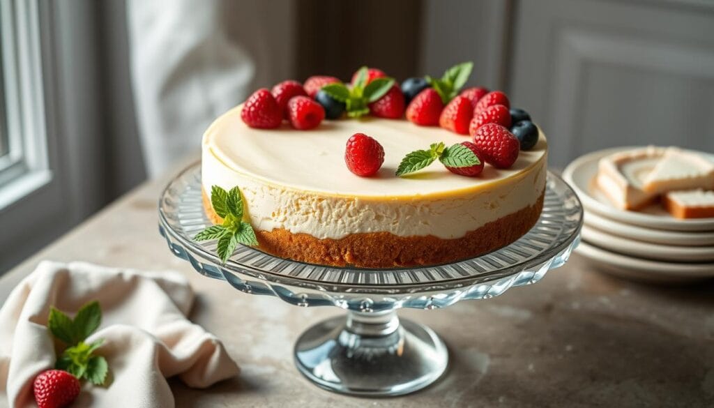 Beautifully presented whole gluten-free cheesecake on a cake stand