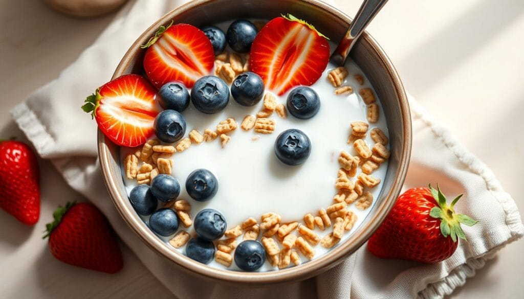 Bowl of gluten-free cereal with fresh berries and milk