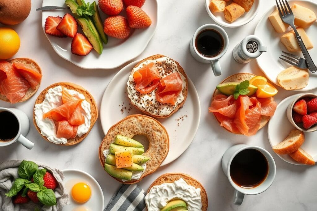 Breakfast spread featuring gluten free bagels with various toppings
