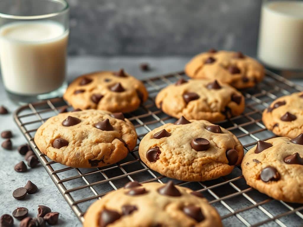 Chocolate chip cookies made with gluten free flour on a cooling rack
