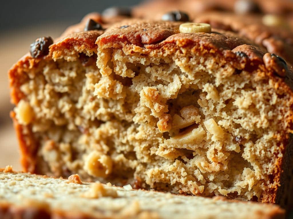 Close-up of moist gluten free banana bread texture showing soft crumb