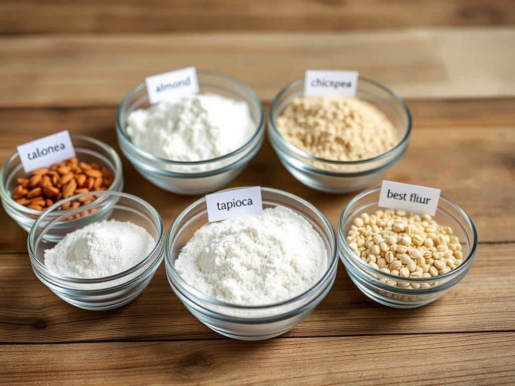 Close-up of six different types of gluten free flour with labels showing their names and best uses