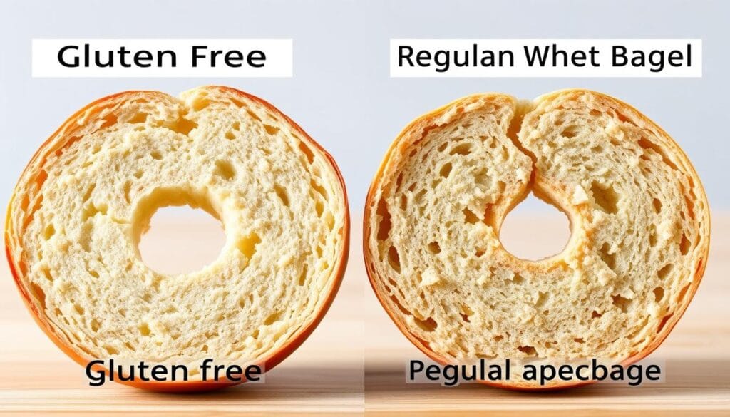 Comparison of gluten free bagels and regular bagels showing texture differences