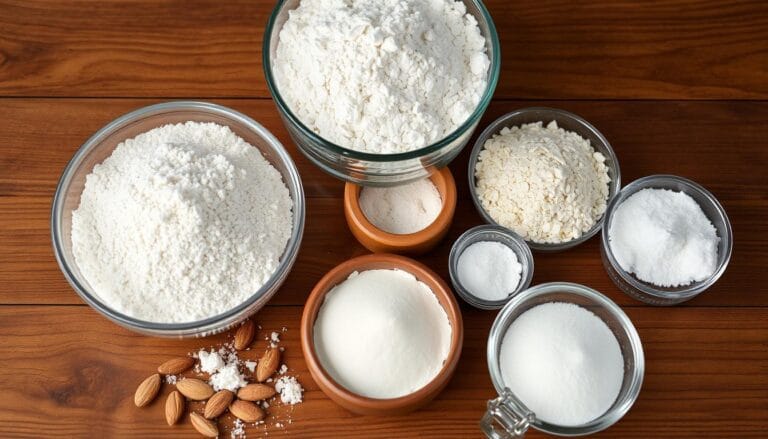 Comparison of regular and gluten free cake ingredients showing various gluten free flours and xanthan gum