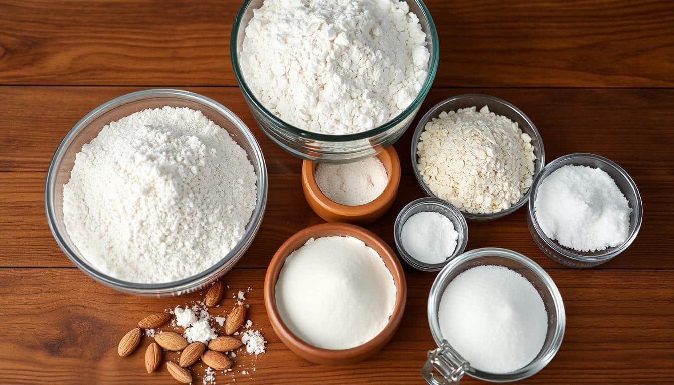 Comparison of regular and gluten free cake ingredients showing various gluten free flours and xanthan gum