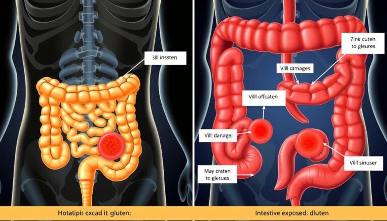 Diagram showing how gluten affects the intestines in celiac disease