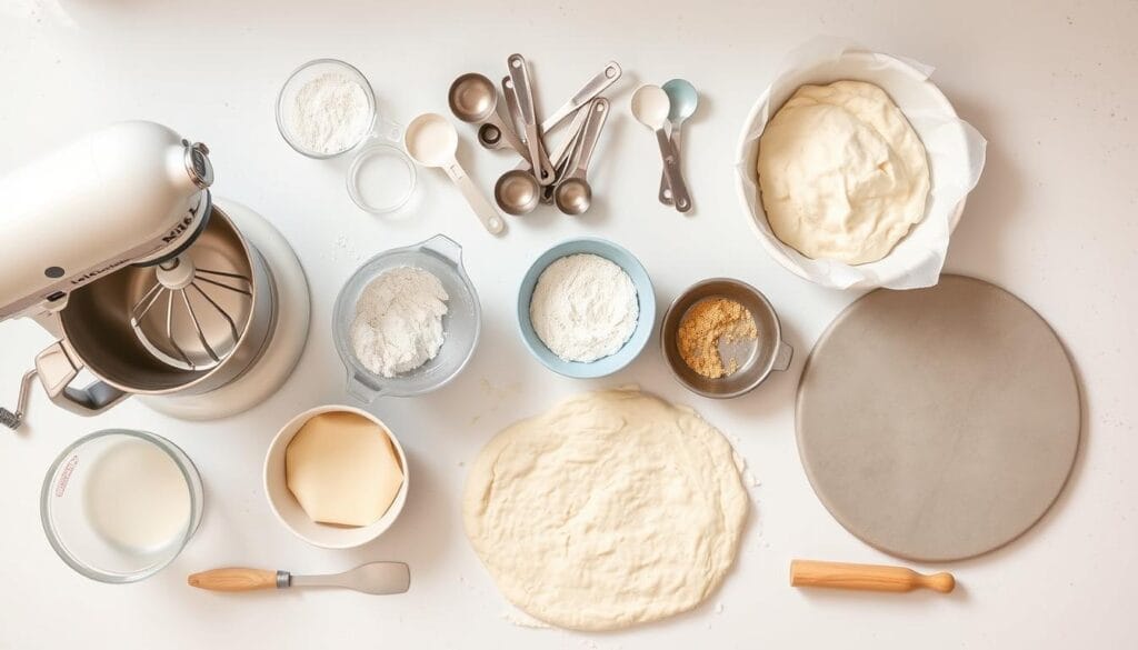 Essential equipment for making gluten free pizza dough including a stand mixer, measuring cups, and pizza stone