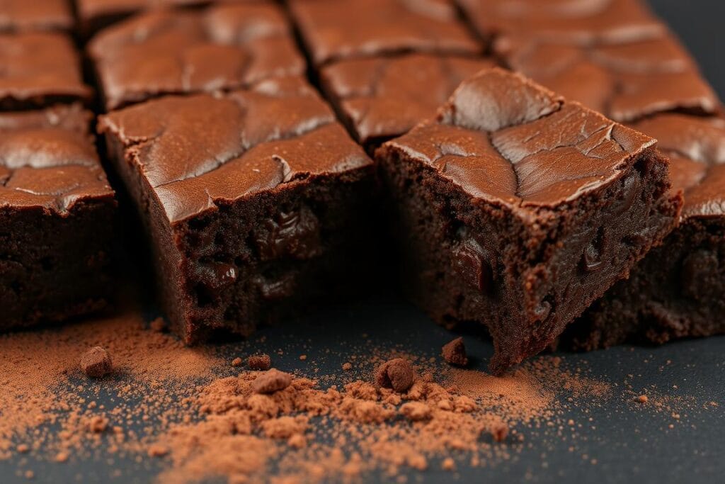 Finished gluten free brownies with crackly top cut into squares