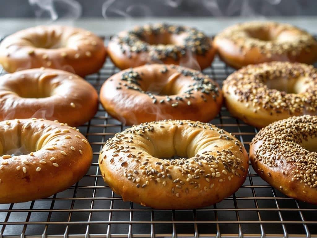 Freshly baked gluten free bagels cooling on a wire rack