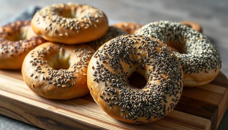 Freshly baked gluten free bagels with various toppings including sesame seeds, poppy seeds, and everything bagel seasoning