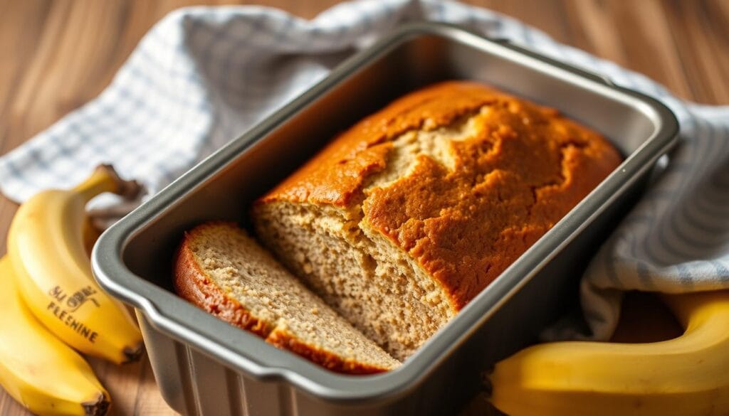 Freshly baked gluten free banana bread in a loaf pan