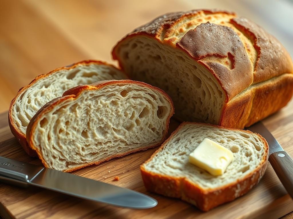 Freshly baked loaf of gluten free bread with a soft interior and crusty exterior