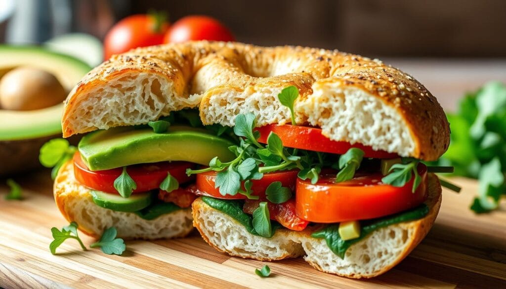 Gluten free bagel sandwich with avocado, tomato, and microgreens