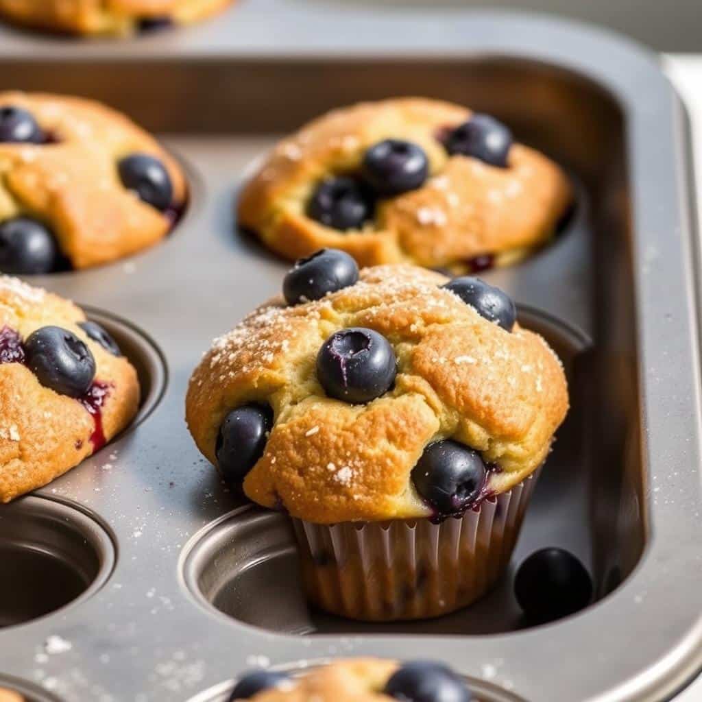 Gluten free blueberry muffins in a muffin tin