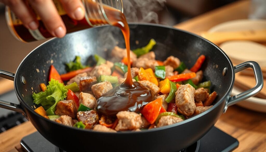 Gluten-free brown sauce being used in a stir-fry dish