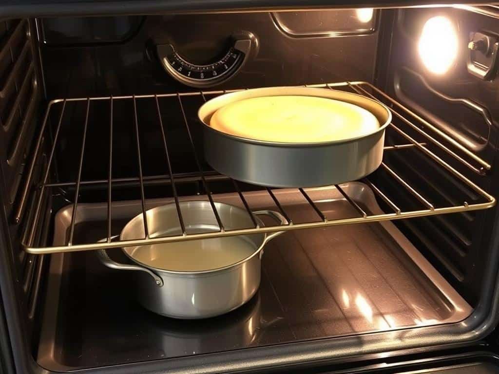 Gluten-free cheesecake baking in oven with water bath below