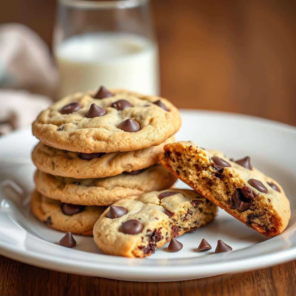 Gluten free chocolate chip cookies stacked on a plate