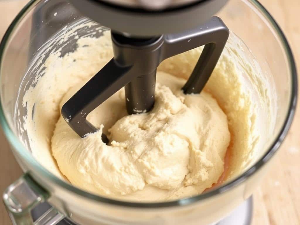 Gluten free pizza dough being mixed in a stand mixer with paddle attachment