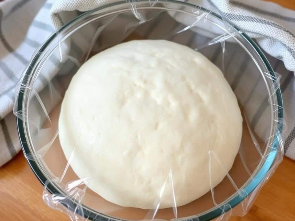 Gluten free pizza dough rising in a covered bowl