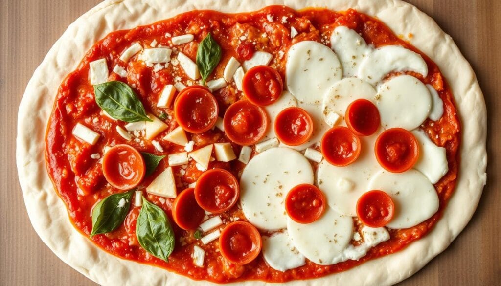 Gluten free pizza with toppings ready for final baking