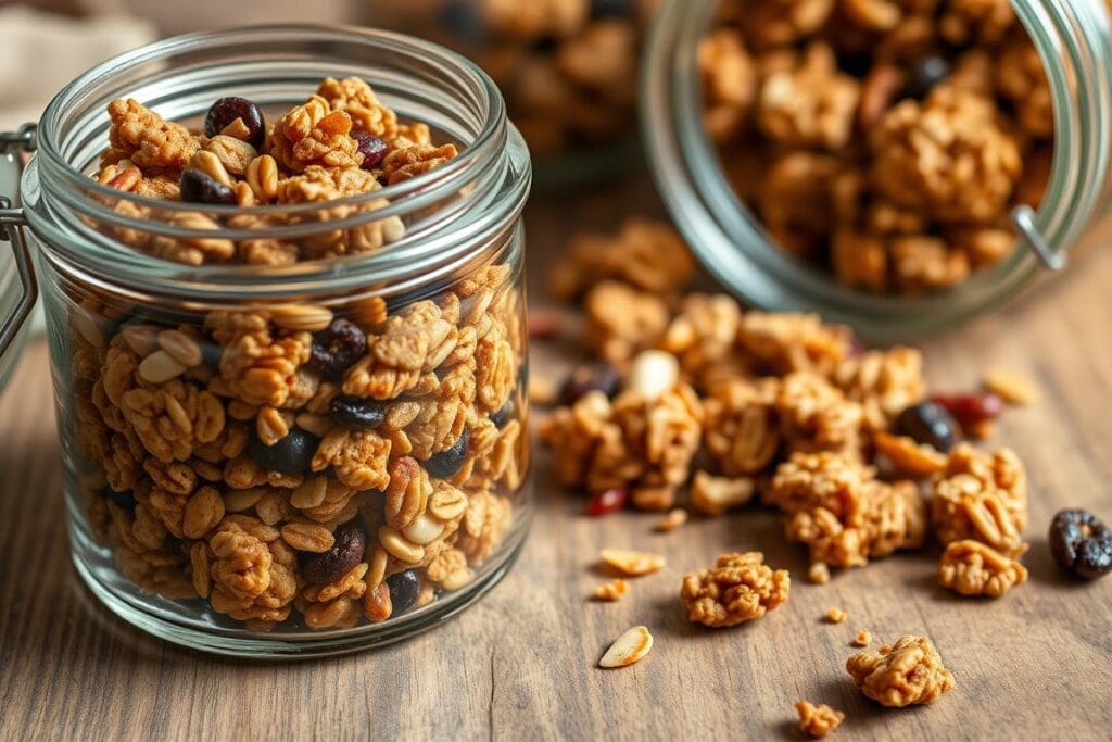 Homemade gluten-free granola clusters in a glass jar