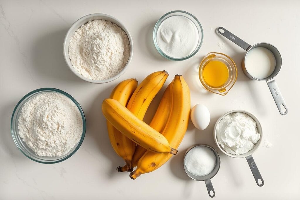 Ingredients for gluten free banana bread laid out on a kitchen counter