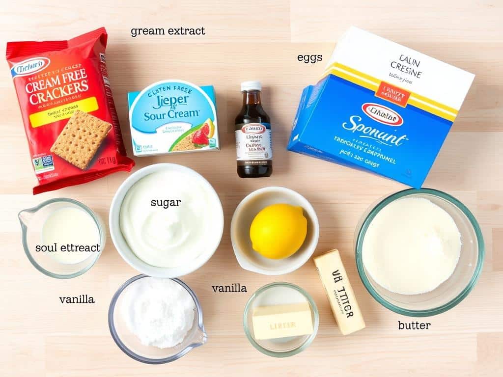 Ingredients for gluten-free cheesecake laid out on a counter
