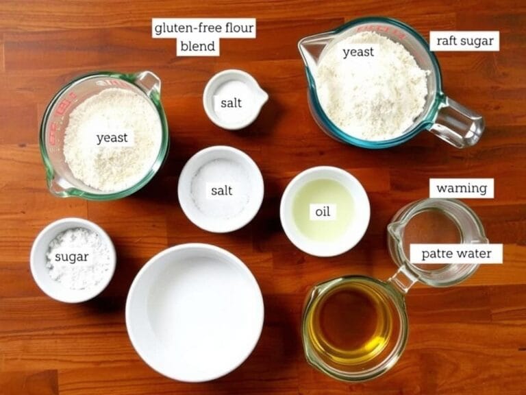 Ingredients for gluten free pizza dough arranged on a wooden surface