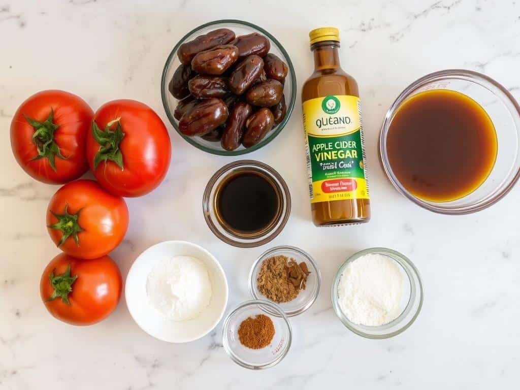 Ingredients for homemade gluten-free brown sauce laid out on a kitchen counter