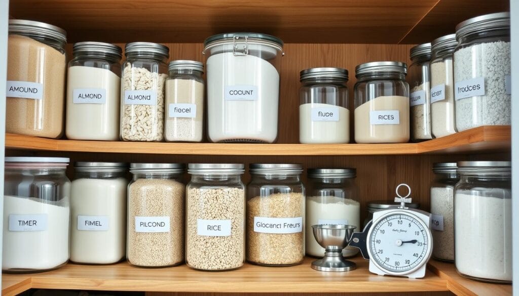 Properly stored gluten free flours in labeled glass containers in a pantry