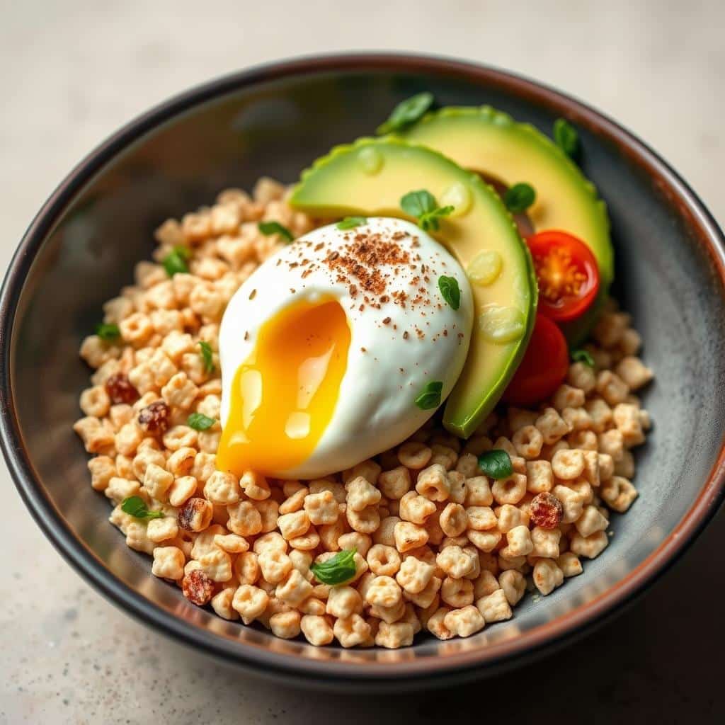 Savory breakfast bowl with gluten-free cereal base