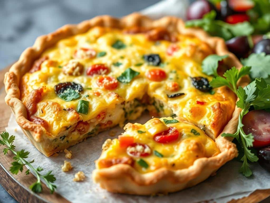 Savory gluten free quiche with a flaky crust and vegetable filling