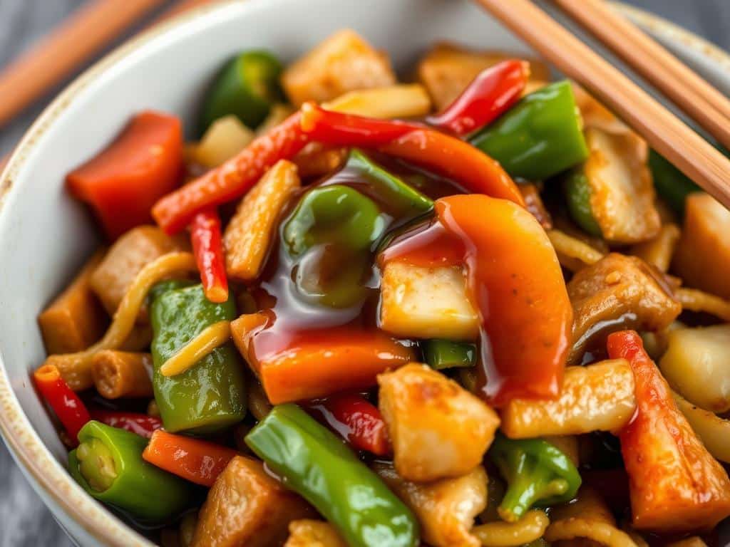 Savory stir-fry with vegetables and gluten-free brown sauce