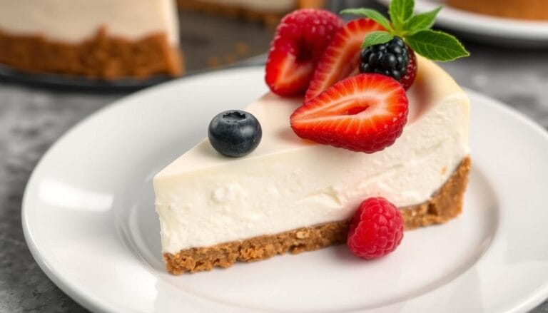 Slice of gluten-free cheesecake with fresh berries on top