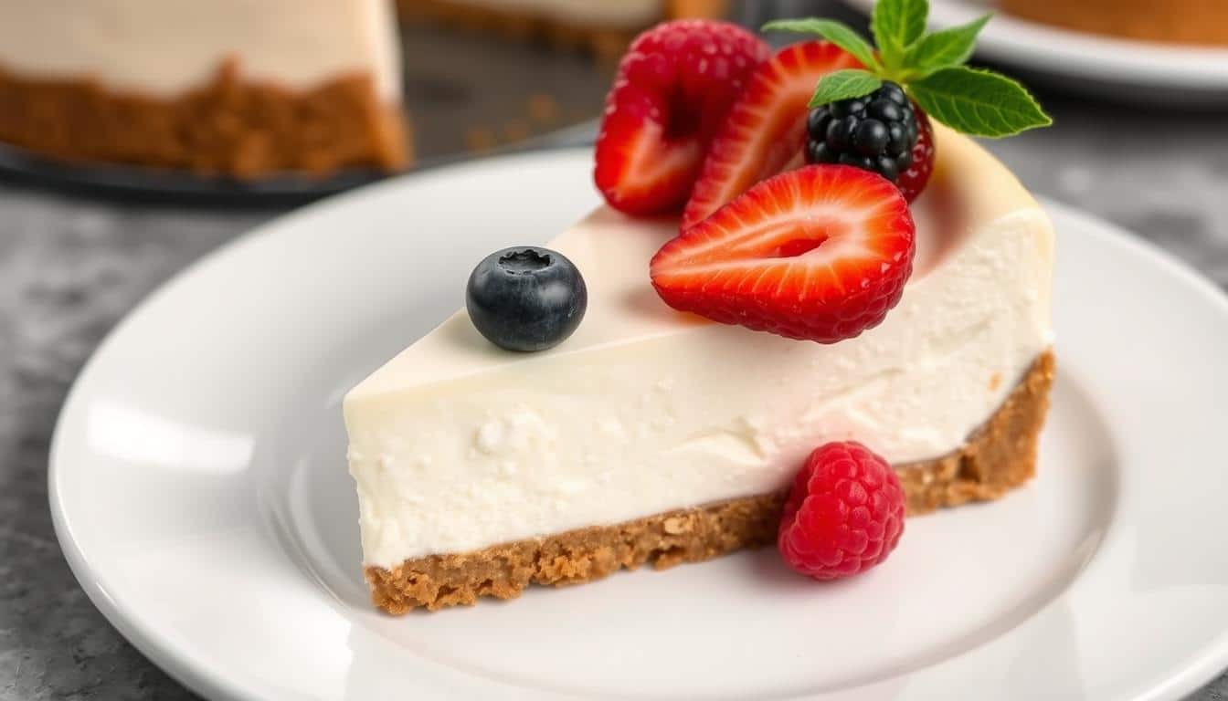 Slice of gluten-free cheesecake with fresh berries on top